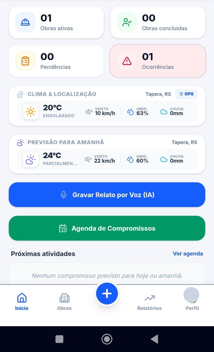 Tela do Diário de Obras AI com as obras, clima e pendências do canteiro